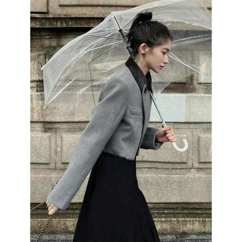 Fashion Classic Gray Cropped‎ Blazer and Black Pleated Maxi Skirt Set 9402 XL